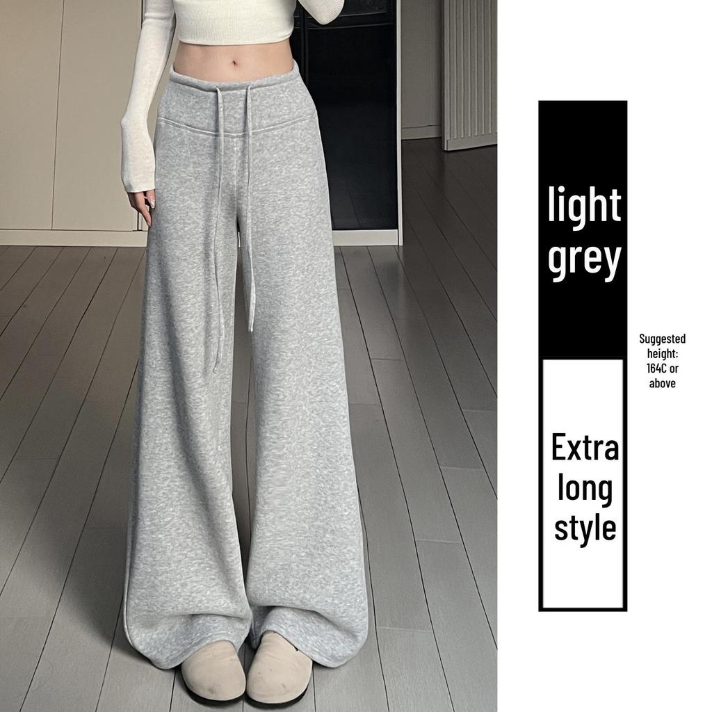 Light Gray Plus Velvet Wide-Leg High Waist Slimming Pants - Women's Autumn/Winter Japanese Korean Style
