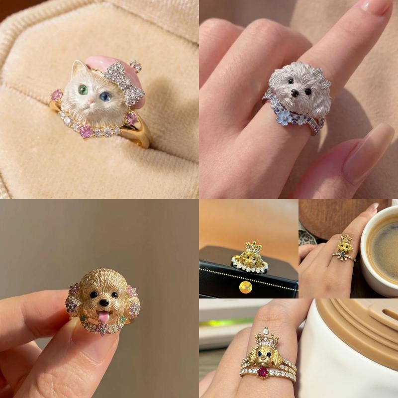 3D Puppy Kitten Ring Adorable Crown Bow Enamel Animal Design Perfect for Women Jewelry Gifts