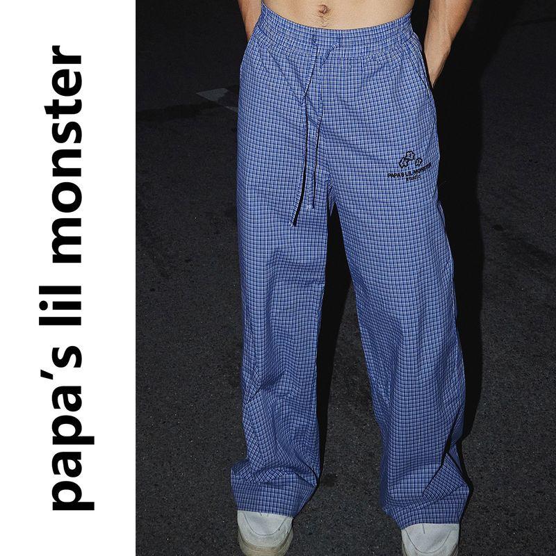 

Papaslilmonster [Original] American Idle Style Gingham Shirt Loose Blue Fine Grid Straight-Leg Pants Blue Pants XL