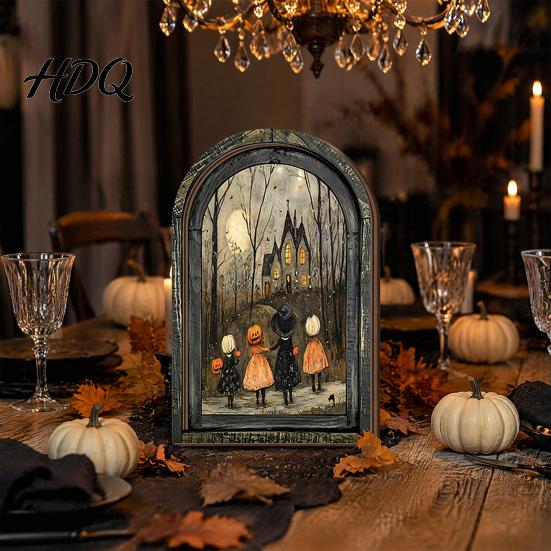 Solid Wood Halloween Frame Arched Wooden Wall Decor, Ghost Cat Hanging Ornament, Distressed Gothic Decorations Tabletop Decor Plaque, Spooky