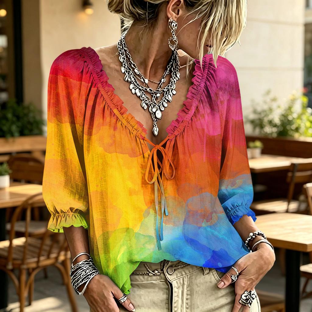 Women's V-Neck Plaid Print Blouse with Ruffle Trim and Tie Front