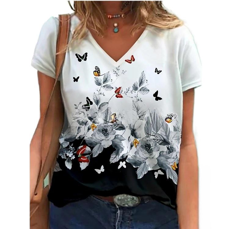 IHUASU Women's Pullover Round Neck Abstract Retro Print Street Short Sleeve Multicolour Loose Fit V-Neck T-Shirt