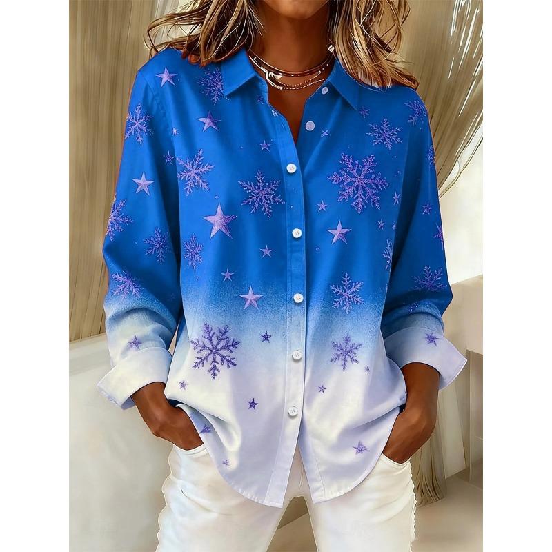 Christmas Theme Women's 3D Printed Snowflake Long Sleeve Shirts Casual Christmas Blouse for Party Button-Up Tops For Women