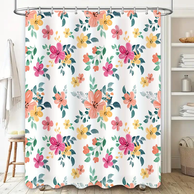 Watercolor Floral Shower Curtain Set Bathroom Decor Pink Yellow Green Red Orange Blossom Flower Printed White Bath Mat Sets Home