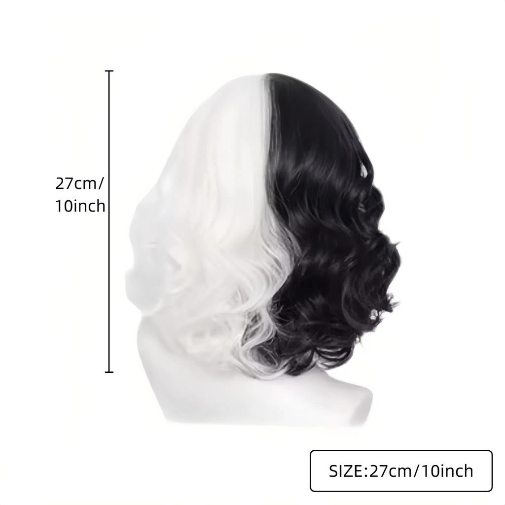 Cruella Schwarzweiß Lockig Kurz Cos Perücke für Damen Halloween Cosplay Synthetische Vollkopfbedeckung Party Kostümzubehör