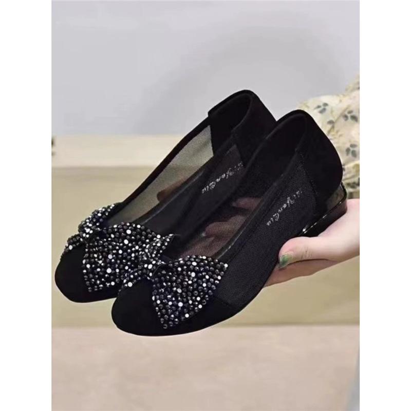 Mesh Breathable Single Shoes Women's 2025 Spring and Summer New Suede Low Heel Bow Doudou Shoes Hollow Sandals Women