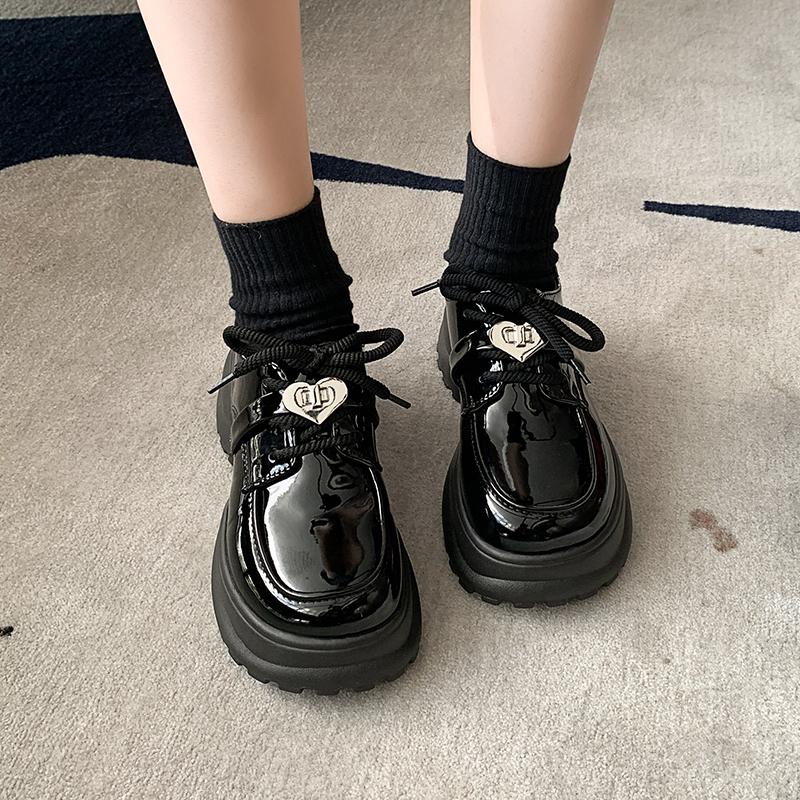 British Style Round Toe Women Shoes Autumn Clogs Platform Oxfords Female Footwear Loafers with Fur Patent Leather Ballet Flats C