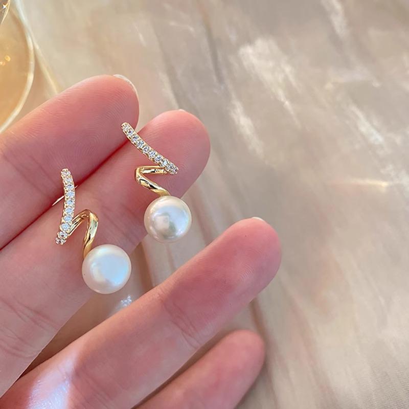 French Curve Gold Pearl Stud Earrings with Micro-inlaid Zirconia - 2025 Luxury Style