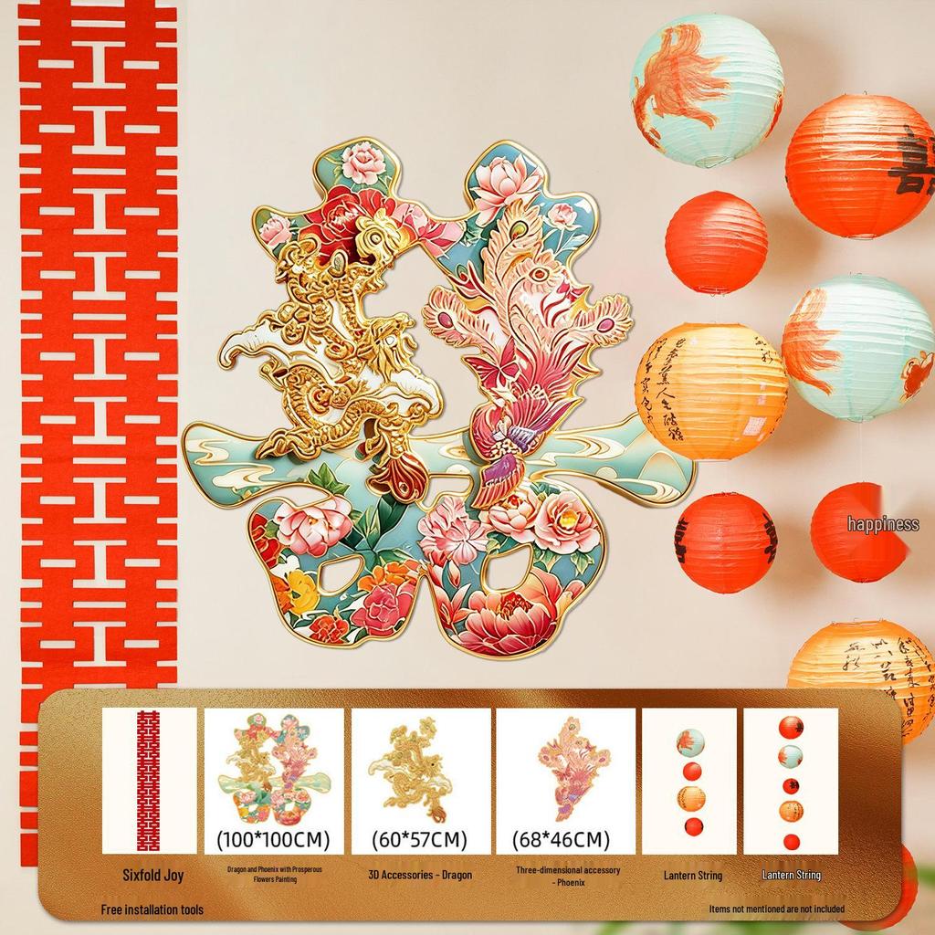 3D Dragon and Phoenix 'Xi' Character KT Board for Wedding Room Atmosphere - Living Room, Bedroom, or Bedside Wall Decoration