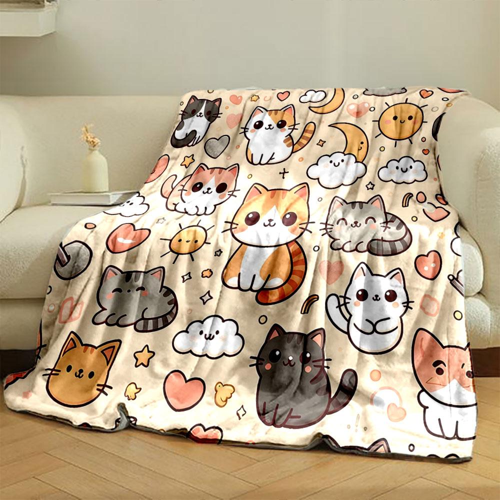Cute Cartoon Cats and Suns Pattern Print Blanket Soft and Cozy Perfect for the Living Room Bed Sofa or a Nap,gift