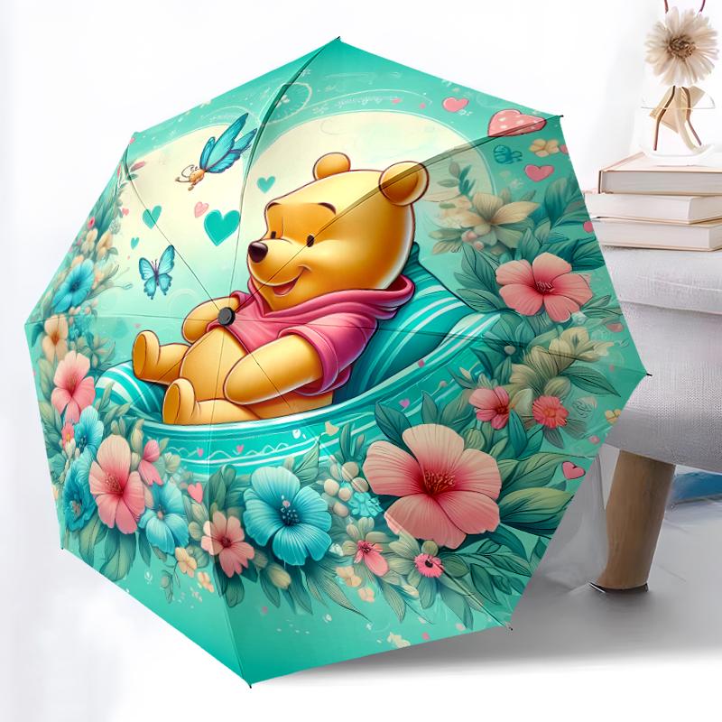 1pc Sturdy 8-Bone Auto Umbrella, Pooh Bear Christmas Wreath Umbrella, Digital Printed, Foldable Umbrella for On-the-Go Outdoor Use
