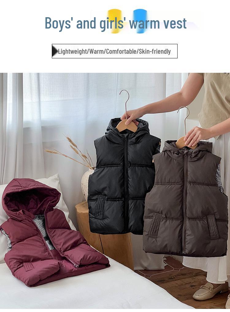 Kids' Hooded Thickened Vest - Warm Sleeveless Outerwear for Boys & Girls, Autumn/Winter Parent-Child Outfit.