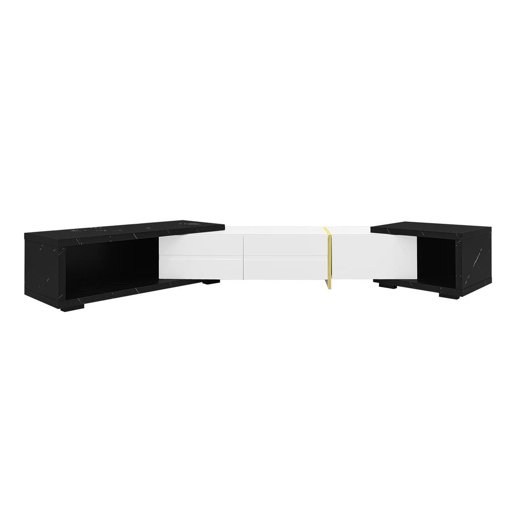Modern TV Cabinet with variable length (140-260 cm), rotating function, black marble look, white high-gloss matte finish and golden decorations