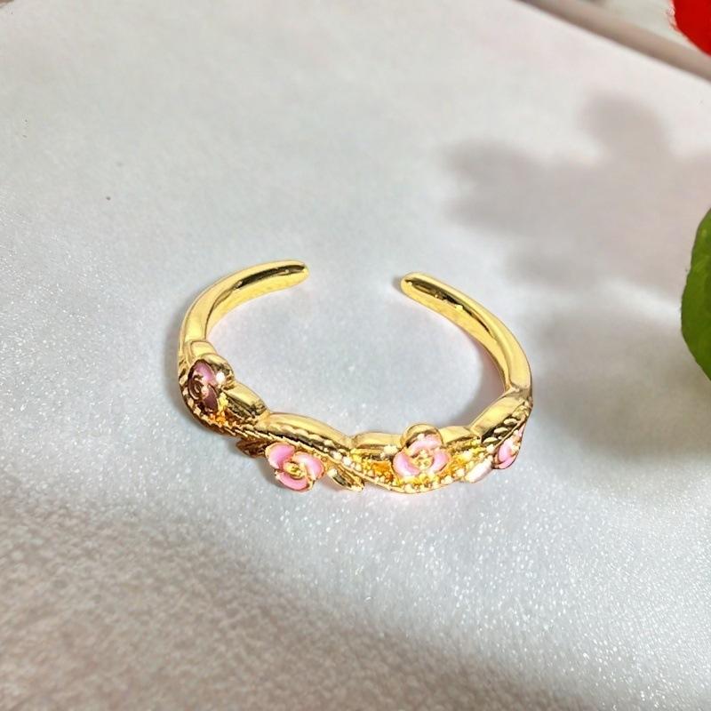 Princess Pink Flower Gold Enamel Dripping Oil Opening Ring Female Butterfly Premium Sweet Cool Ring