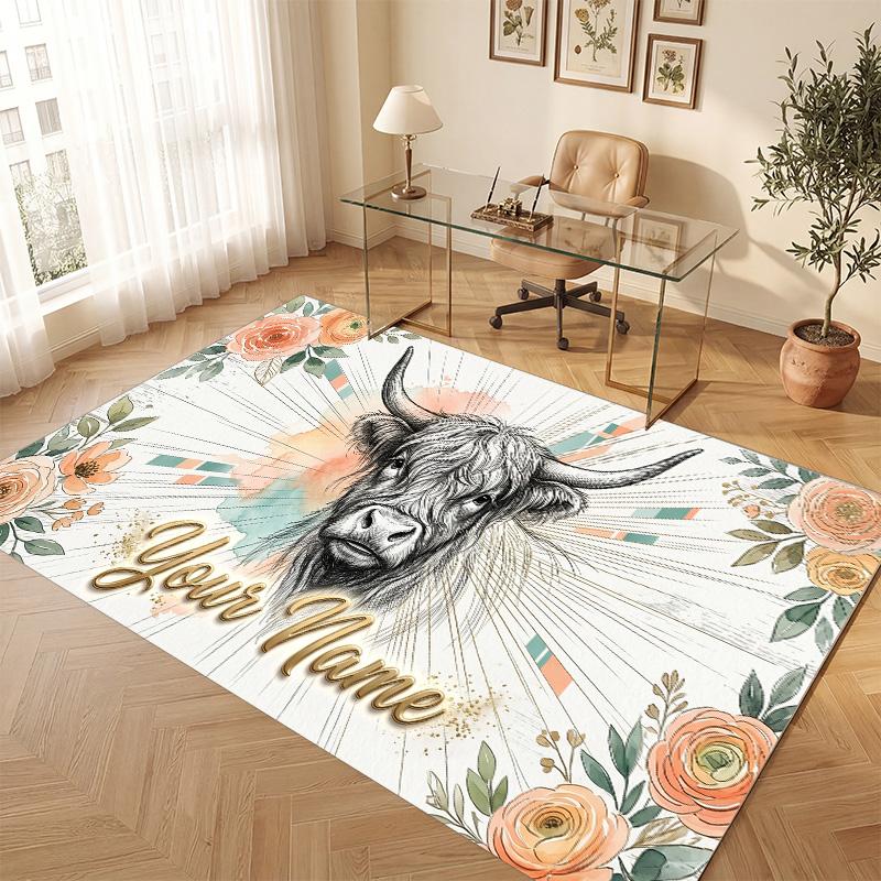 Highland Cow Theme Soft Crystal Velvet Rug Custom Name & Text Print Non Slip Floor Rug for Bedroom Living Room