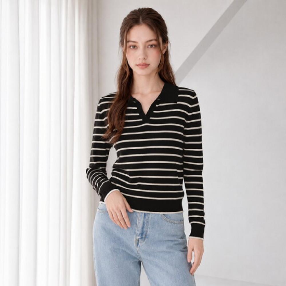 Olivier S cloSet Daily Open Collar Stripe Long Sleeve Knit O2608kn620c