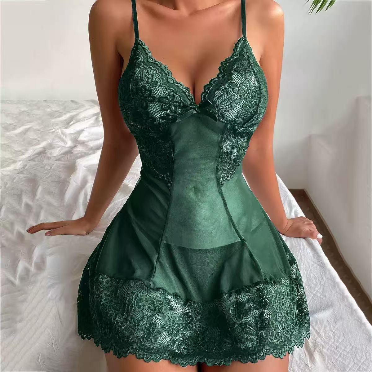 Deep V Lace Mesh See-through Camisole Nightgown Lingerie Set Small темно-зеленого