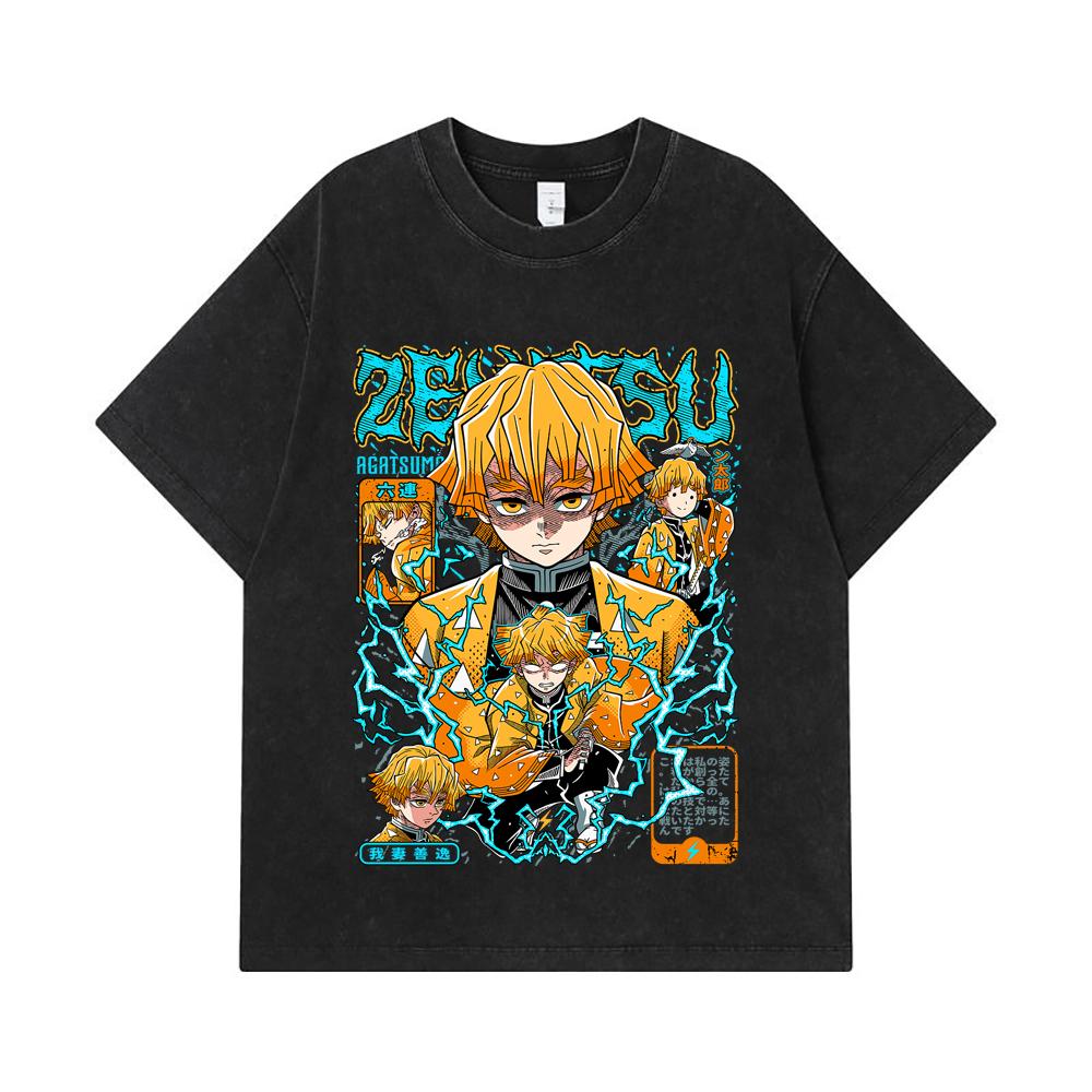275 GSM Gewaschene T-Shirts 100% Baumwolle Demon Slayer V100 Zenitsu Print Unisex Schweres Baumwoll-T-Shirt