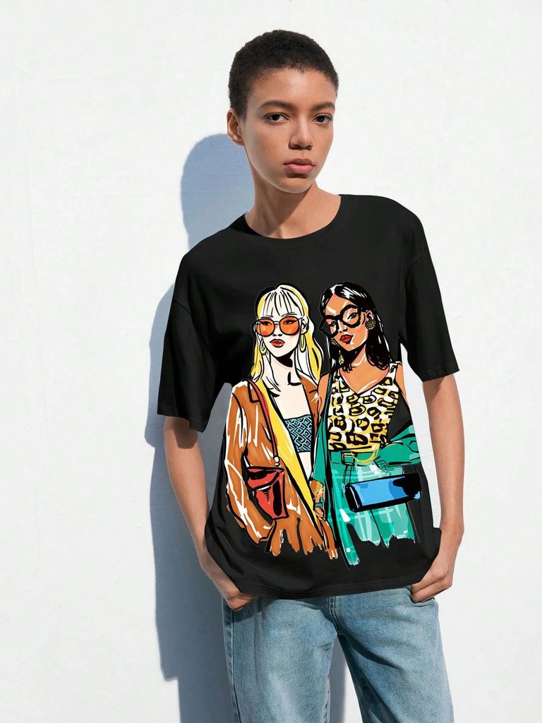 2026 Spring Summer Womens Figure Graphic Round Neck Cartoon Printed Summer TShirt Holiday Beach Vacation Summer Graduation