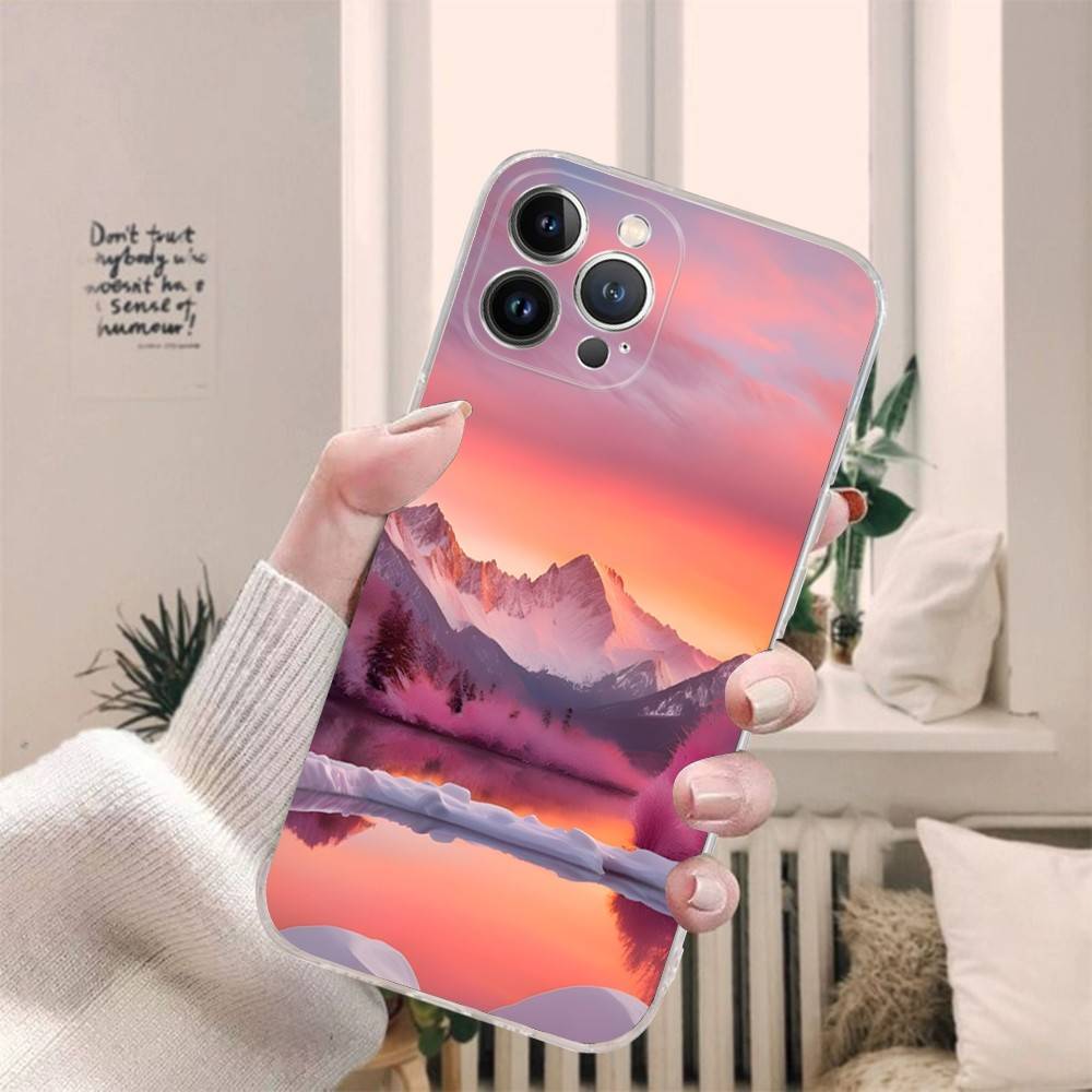 Beautiful Sunset Snow Mountain Phone Case For IPhone 17 16 15 14 13 11 12 Pro Max 16 Plus Transparent