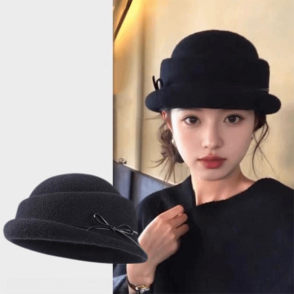 French Style Hepburn Style Topper Hat Bow Wool Fisherman Hat Retro Woolen Bucket Hat  Streetwear