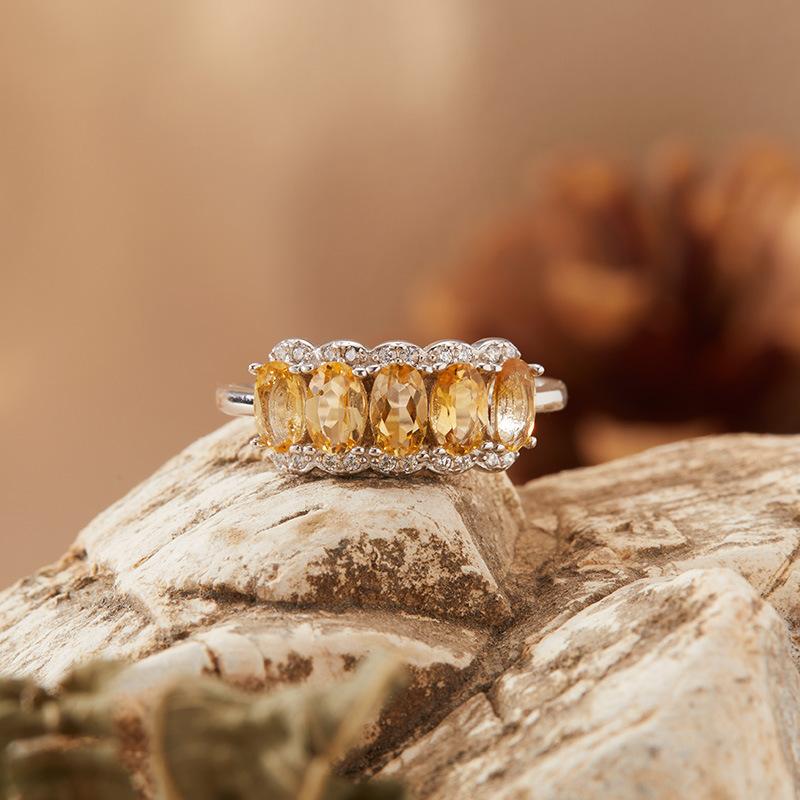 S925 Sterling Silver Natural Citrine Ring Women'S Premium Sense Row Diamond Treasure Jewelry Index Finger Ring