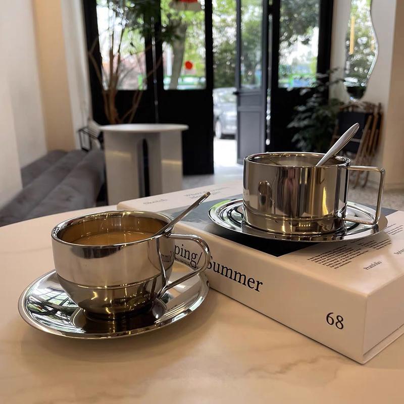 Vintage Stainless Steel Coffee Mug Cups Delicate Coffee Cup And Saucer Set Flower Tea Mug Home Coffeeware Espresso Cups