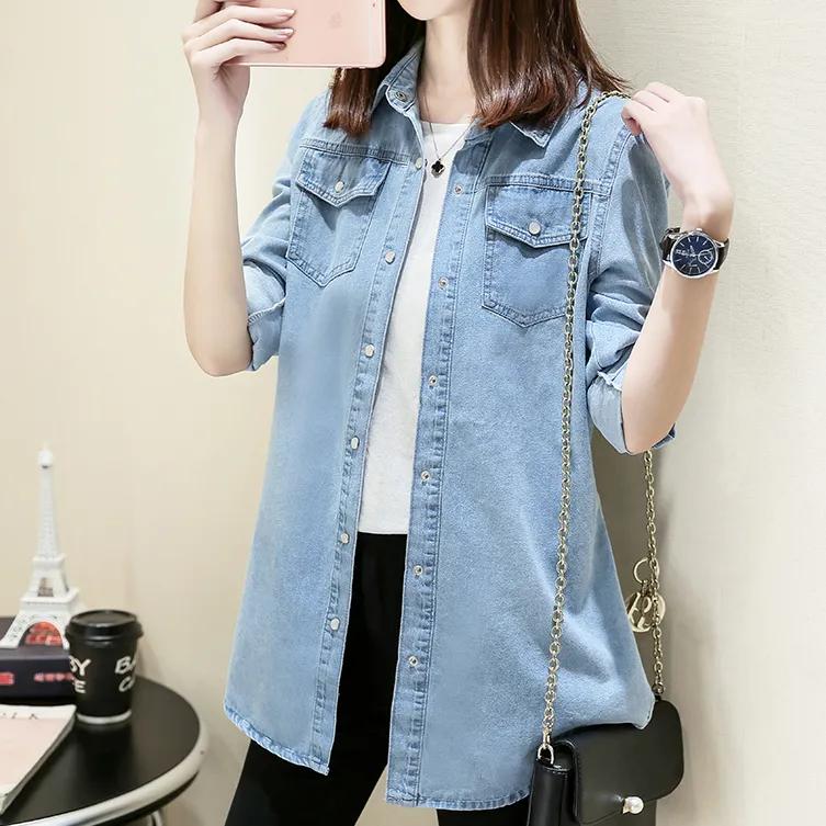 

Spring Autumn Denim Shirts and Blouse for Women Korean Style Long Sleeve Top Jeans Elegant Blouses XXXL світло-синій колір