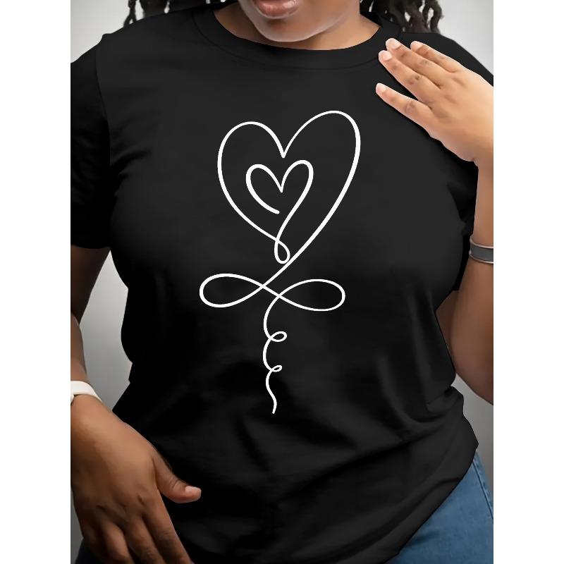 

[Heart-shaped Printed T-shirt] Heart-shaped Printed Casual T-shirt, Short-sleeved Round-neck Top, Suitable for Summer and Spring, Women s Clothing 4XL