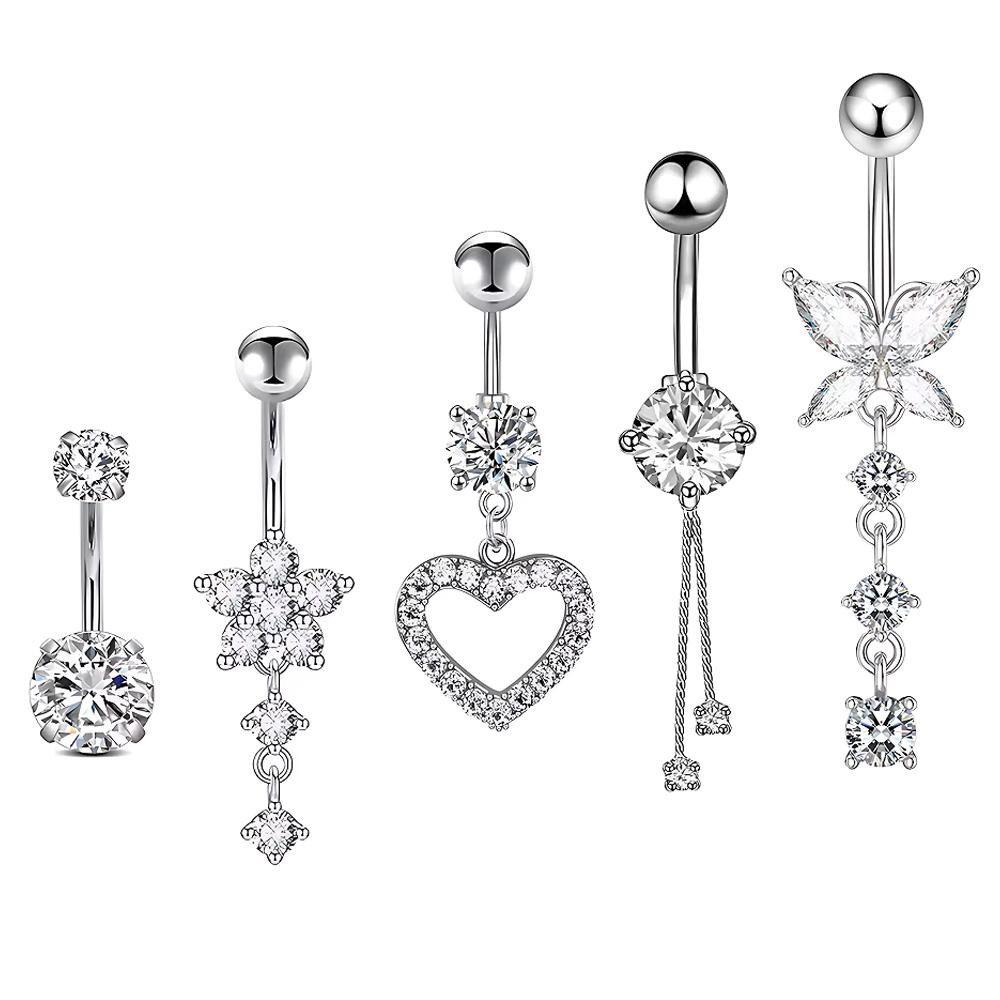 

5pcs/lot Dangled Belly Button Rings Belly Piercing Sets 14G Butterfly Heart Curved Navel Piercing for Women Girls Body Jewelry