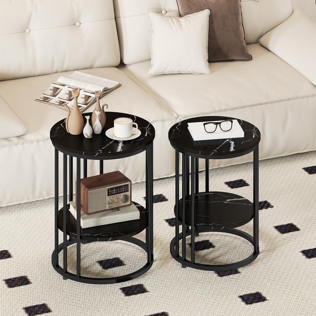 Set of Two Marble-Effect Coffee Tables - Black