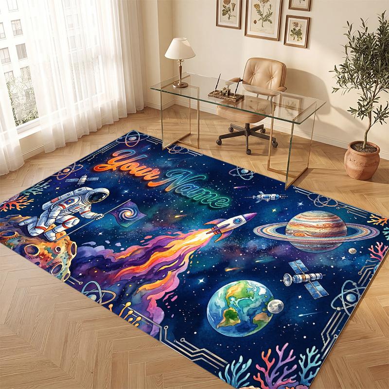 Astronaut Space Theme Soft Crystal Velvet Rug Custom Name & Text Print Non Slip Floor Rug for Bedroom Living Room