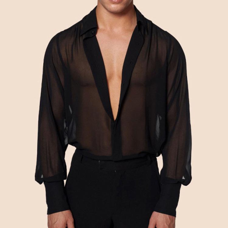 Men's European-Size Black Sheer Chiffon Slim Fit Shirt - Breathable Casual Nightclub Top