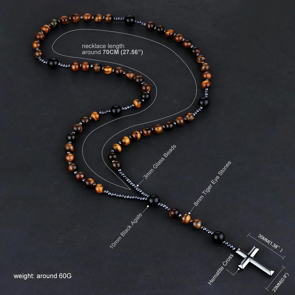 Catholic Natural Tiger Eye Stone Black Agate Rosary Beads Necklace Hematite Cross Pendant Necklace Women Men Christ Mala Jewelry