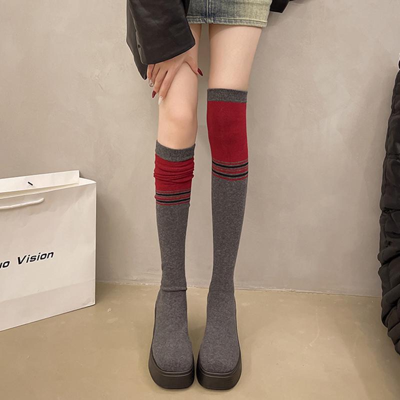 Aphixta Weiches Stoff Damen Kniehohe Stiefel 8cm Quadratischer Absatz Damen Schwarze Schuhe Runde Zehenpartie Moderne Stiefel für Damen Größe 42