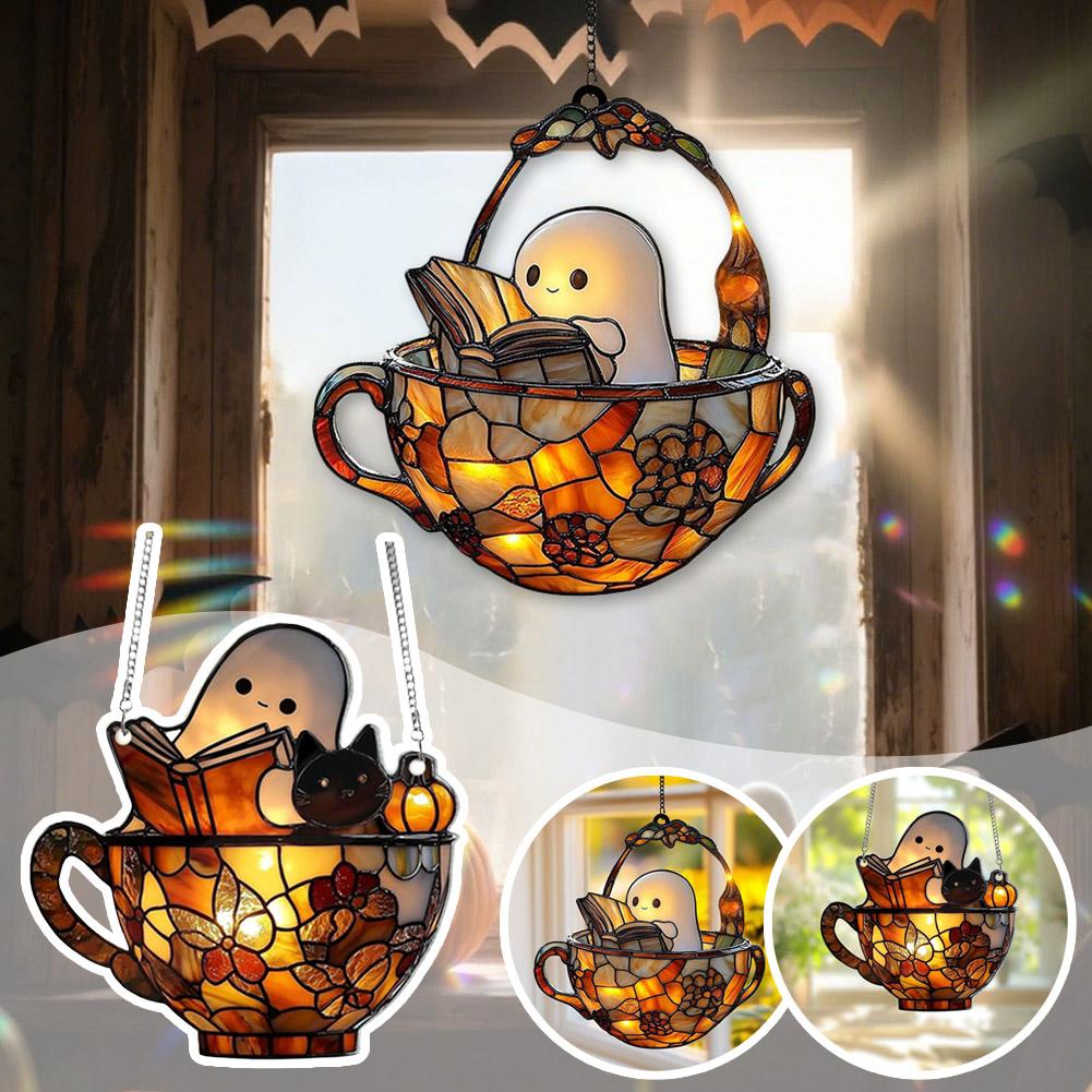 Halloween Ghost Reading Book Suncatcher Hanging Decor Acrylic Window Hanging Ornament Colorful Shadow Home Decorations