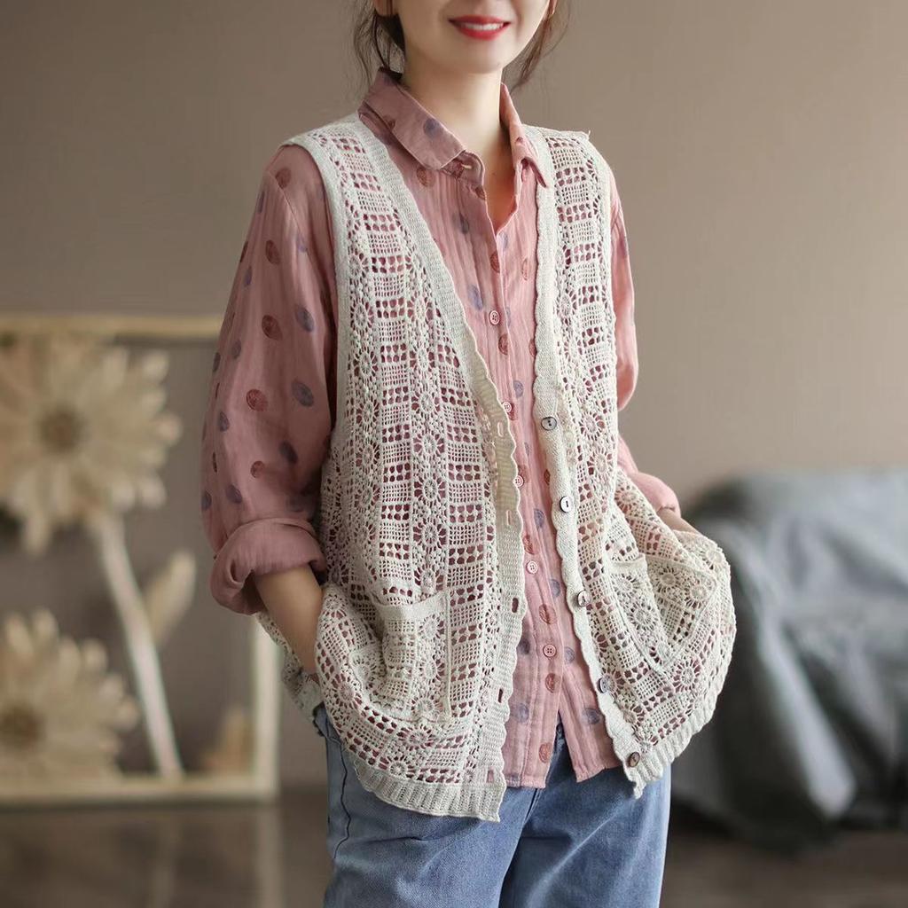 Ethnic Style Women's Cotton Hollow Vest Single-breasted Thin Lace Vest Summer Loose Cardigan Vest Outwear