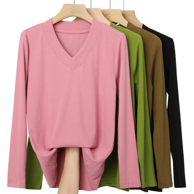Nové korejské tričko s dlouhým rukávem a výstřihem do V pro ženy, slim spodní díl, jarní top pro dámy