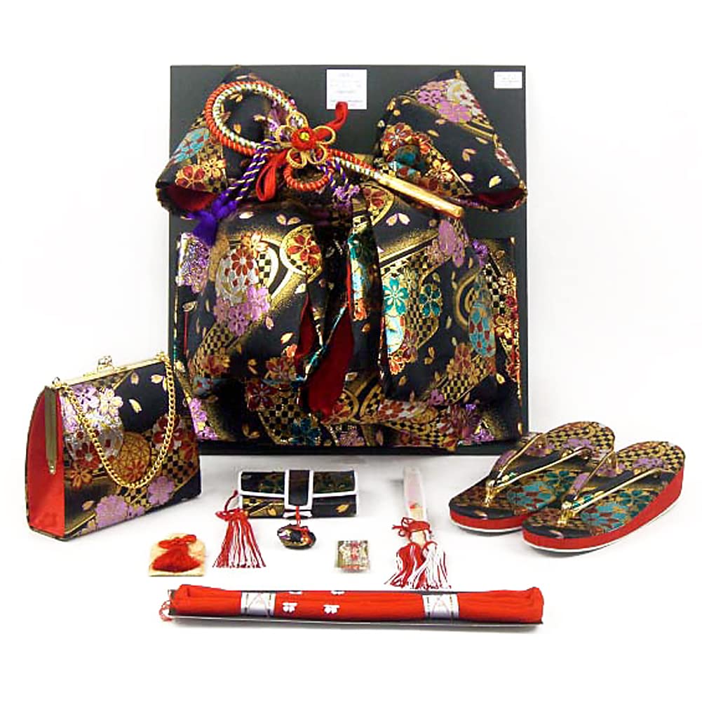 Muromachi 7 Years Old Kimono Golden Koma Fantastic Yotsumi Zori Full Set 753 x Blue Purple x Double Cherry Blossom [Kyoto st. ] Shichi-Go-San Girl's
