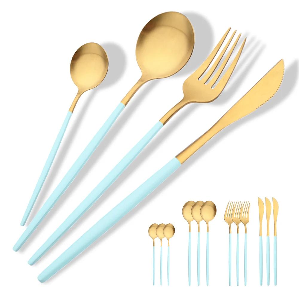 Set 16 Bucăți Veselă Set Tacâmuri Roșu Auriu Set Tacâmuri Furculiță Cuțit Linguriță Cină Argintărie Bucătărie Set Tacâmuri