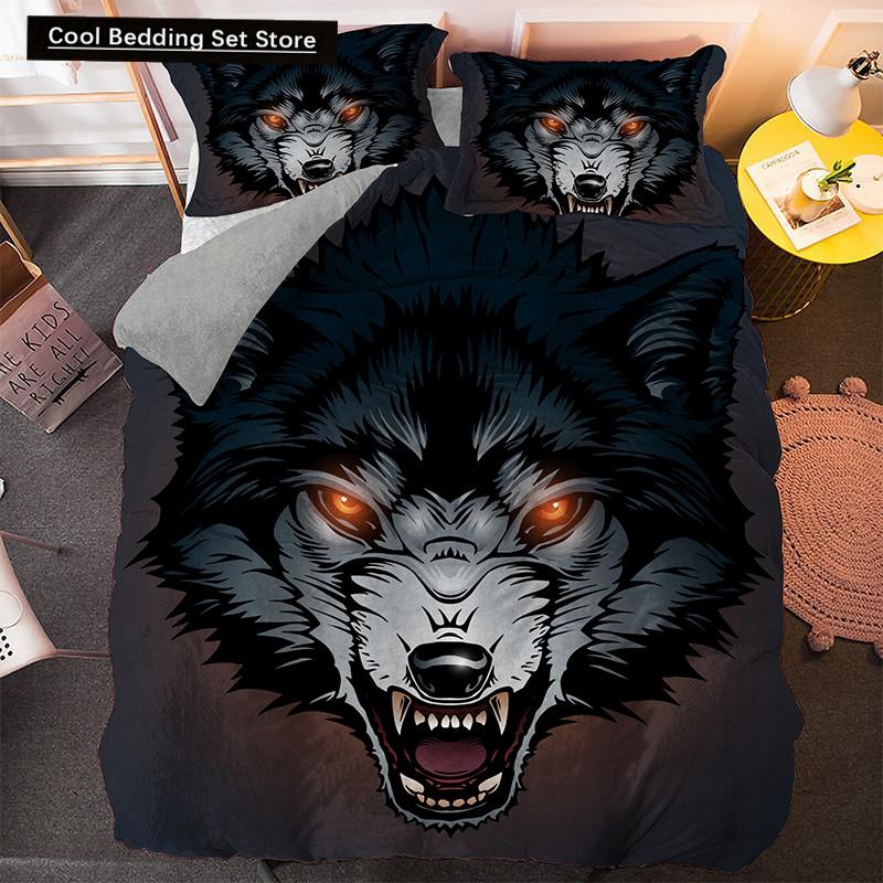 Bettwäscheset mit Weißwolf-Muster Tier Bettbezug Queen King Full Size Bettwäscheset Herren Weiche Polyester Bettdeckenbezug Schwarz Grau