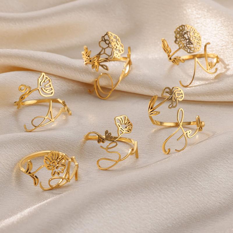 12 Birth Months Flower Stainless Steel Rings for Women Vintage Gold Plated Adjustable Finger Ring Wedding Jewelry Birthday Gift