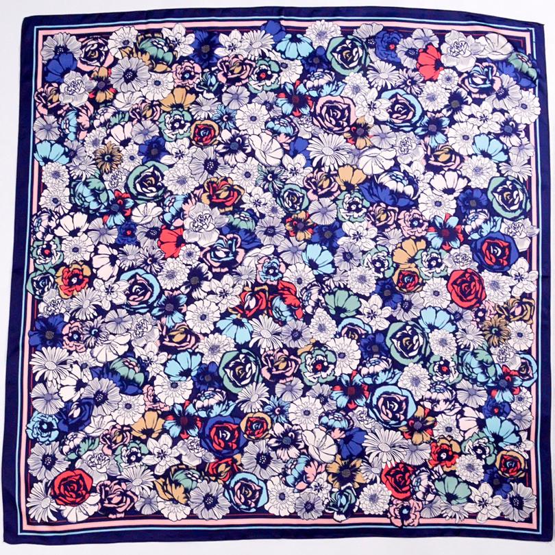 Ladies Daisy Large Square Scarves  New 90*90cm Spring Autumn Matt Satin Scarves Fashion Accessories Navy Blue Silk Scarf