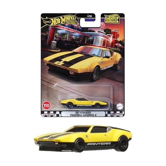 Hot Wheels Boulevard De Tomaso Pantera Gruppo 4 игрушечных мини-машинки для детей от 3 лет и старше, желтая HRT75