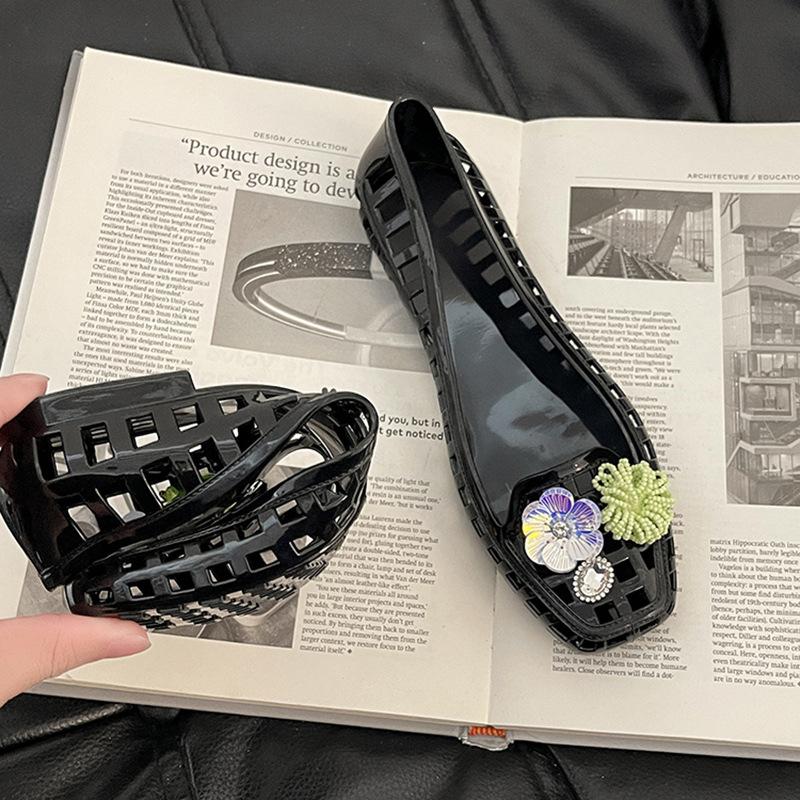 Fashion transparent crystal shoes new jelly shoes hollow single shoes women's 2025 summer casual sequins flower square head sandals