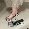 Fashion Temperament Silver High-end Thick High-heeled Flip-flops for Women's Summer Wear 2025 New Height-increasing Square Head Cool Slippers