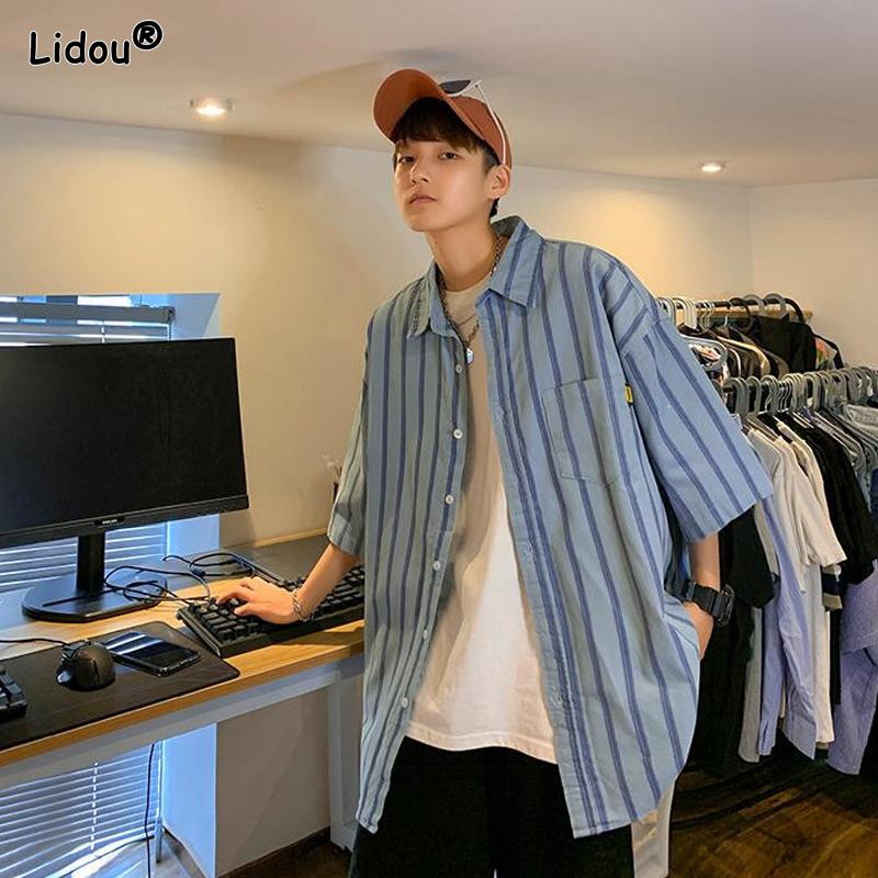 Streetwear Shirts Fashion Casual Striped Loose Handsome Turn-down Collar Elbow Sleeve Summer Man Button Pockets Men's Clothing