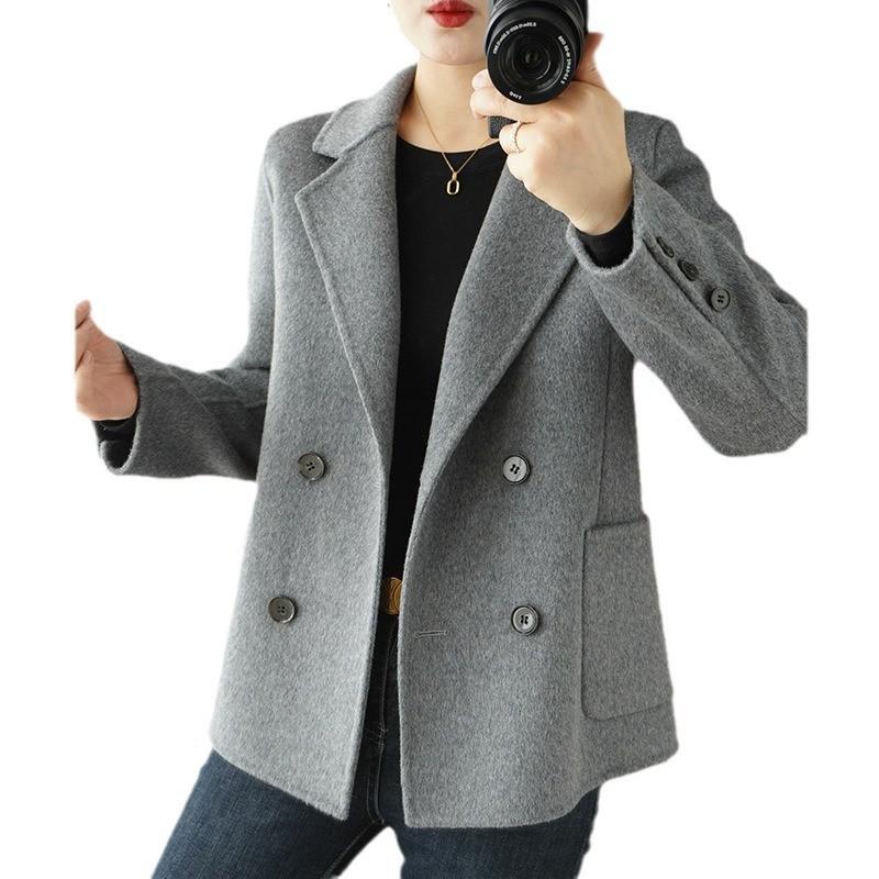 Women's Petite Double-Breasted Wool Cashmere Coat - Autumn/Winter Suit Collar Overcoat