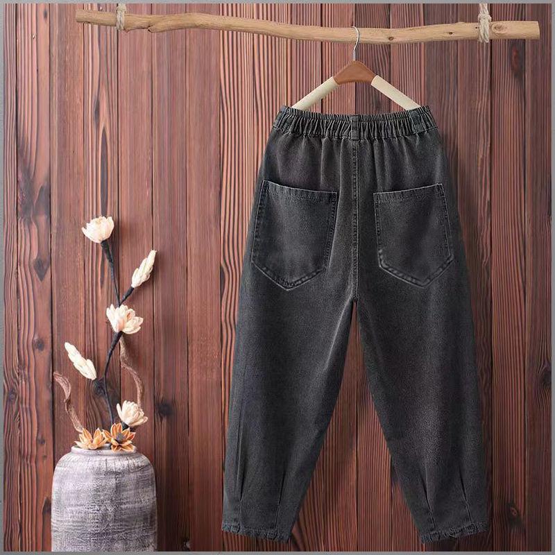 Women Summer Large Size High Waist Casual Trousers Loose Thin Jeans Denim Cropped Pants