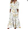 Floral Print V-Neck Mid-Sleeve Casual Dress with Pockets, Button Front, Loose Fit - White/Light Blue/Pink